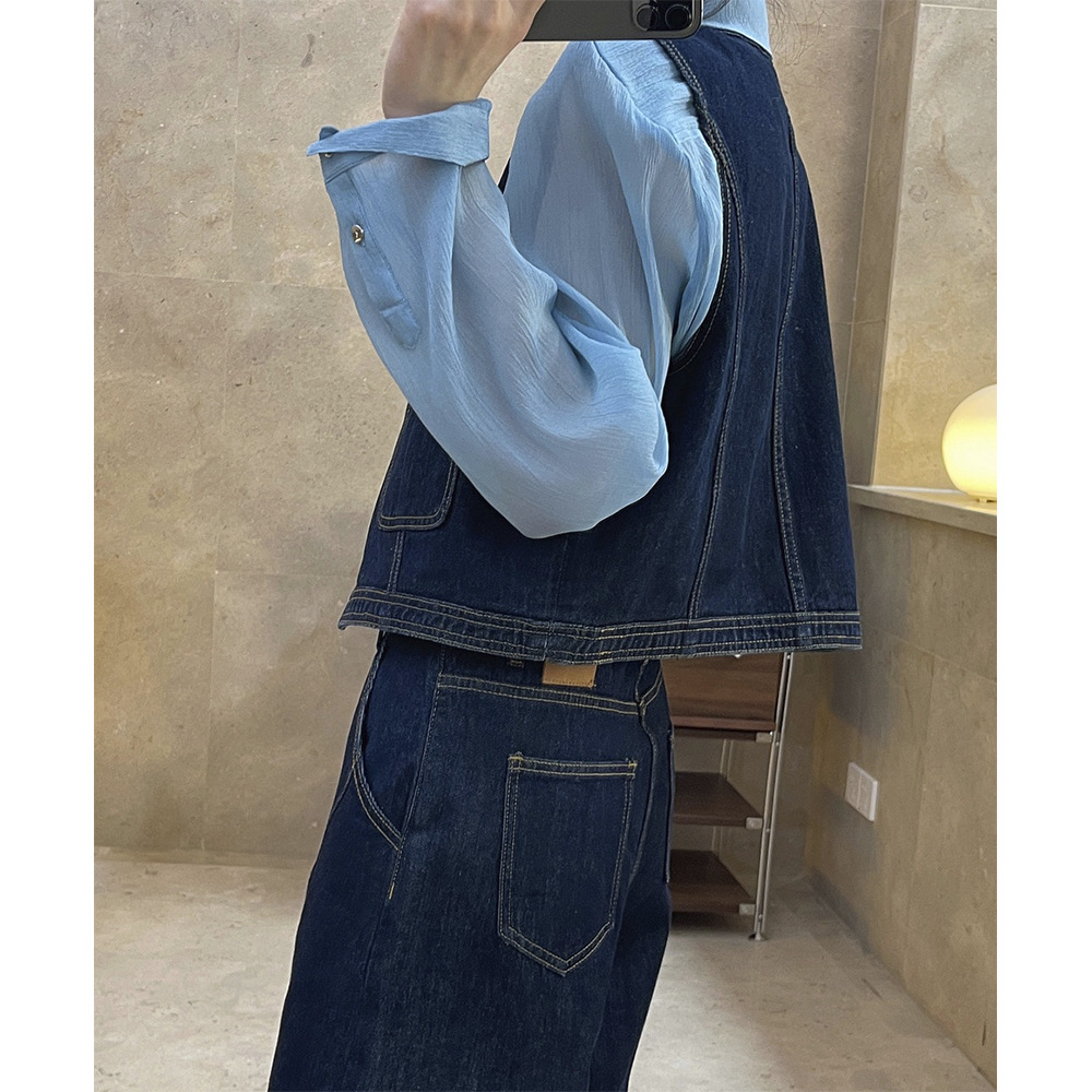 Lufu otoño nueva moda artística retro original vaca estilo sin cuello Denim chaleco cintura alta corto sin mangas chaleco para las mujeres image 5