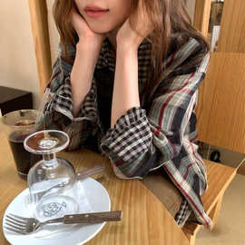 复古防晒衬衫外套女春秋格子衬衣棉春秋季韩系慵懒风休闲宽松上衣