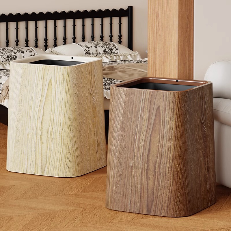 Wood Grain Trash Can for Guesthouses, Vintage Creative Bedroom Kitchen, New Chinese Style High-Value Hotel Large Bathroom Wastebasket