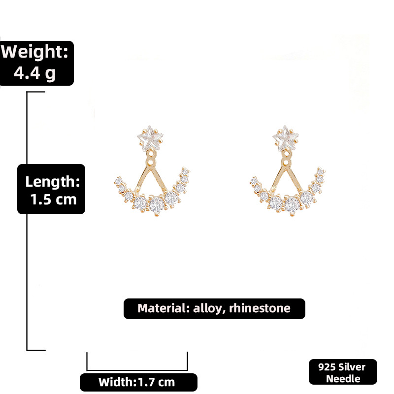 925 Silver Needle Cute and Compact Rhinestone Star and Moon Stud Earring European and American Ins Fashion Temperament a Pair of Earrings Dual Purpose Femalepicture2