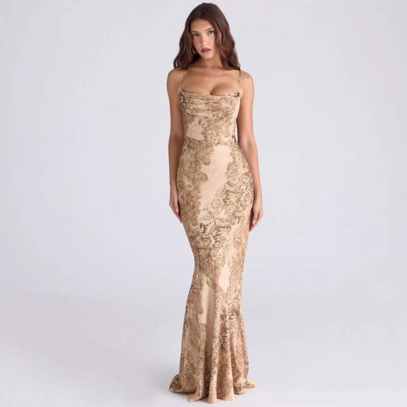 Cross-Border Foreign Trade European and American Women's Clothing New Style French Retro Elegant Satin Printed Evening Dress Ultra-Long Strapless Dress Cross-Border Foreign Trade European and American Women's Clothing New Style French Retro Elegant Satin Printed Evening Dress Ultra-Long Strapless Dress