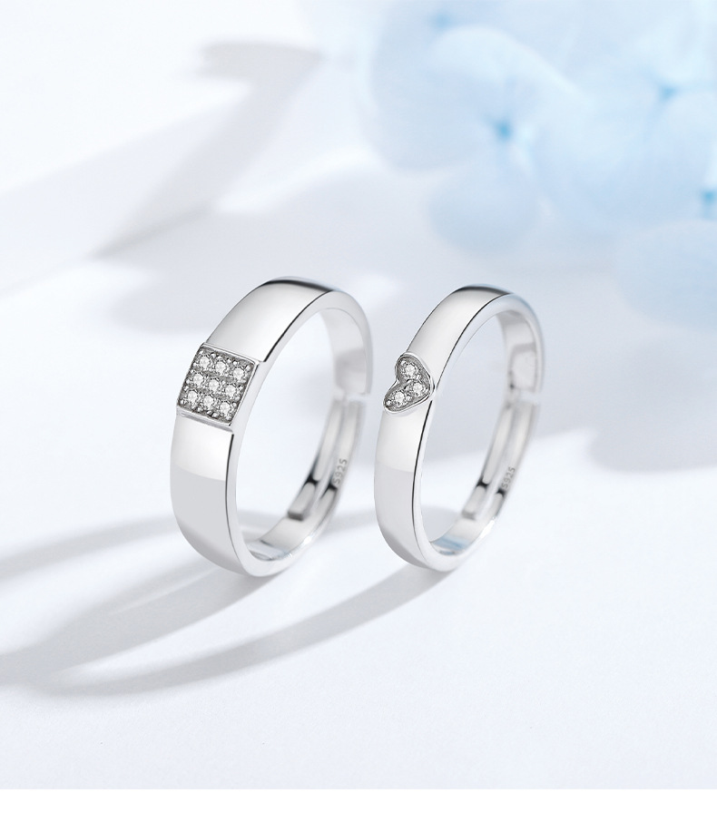 11g Weight Zircon Inlay Material Open Rings Classification Adjustable Ring Size 1 Piece, 1 Pair Quantity 925 Sterling Silver Zircon Square Heart Shape Open Rings