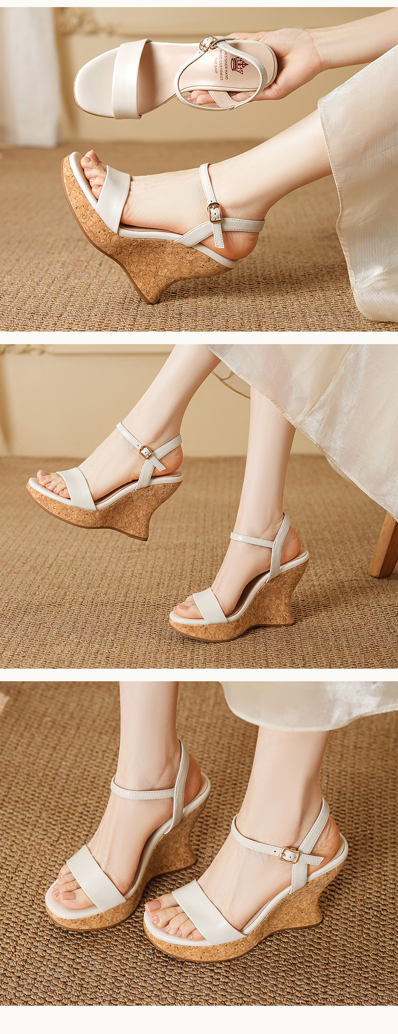 Sandal cao gót nữ da thật quai ngang đế platform gót 12 cm mũi hở kiểu La Mã — màu trắng ngà, màu mơ chi tiết 4