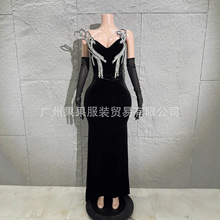 欧美跨境实拍新款修身时尚气质个性设计烫钻开叉连衣裙车展礼服
