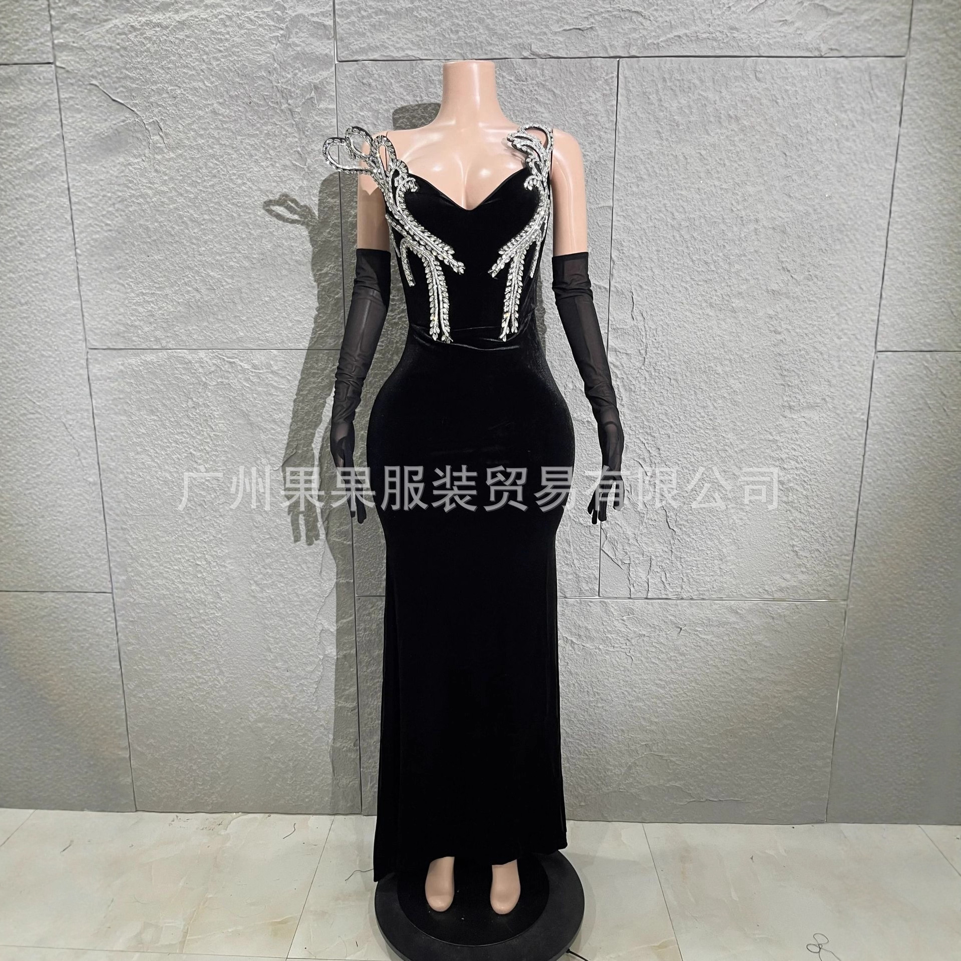 欧美跨境实拍新款修身时尚气质个性设计烫钻开叉连衣裙车展礼服