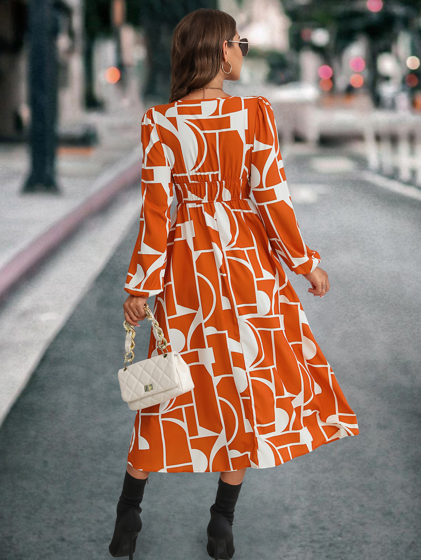 Robe imprimée à manches longues et col en V pour femmes, la plus vendue_voghion.com