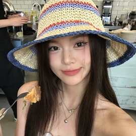 韩版彩色条纹手钩草编盆帽女春夏季出游遮阳渔夫帽海边挡脸太阳帽