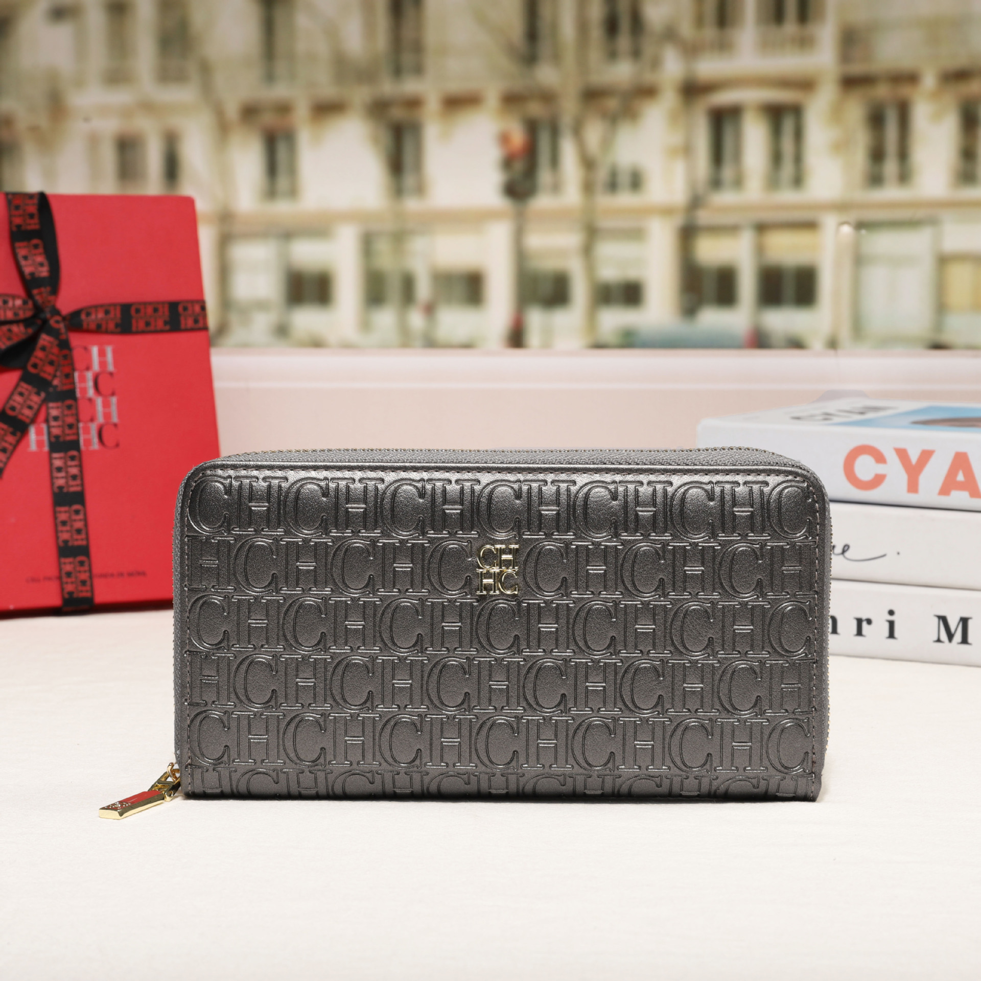 CHHC nuevo bolso 2025 moda femenina billetera con cremallera clásica textura real bolso largo unisex