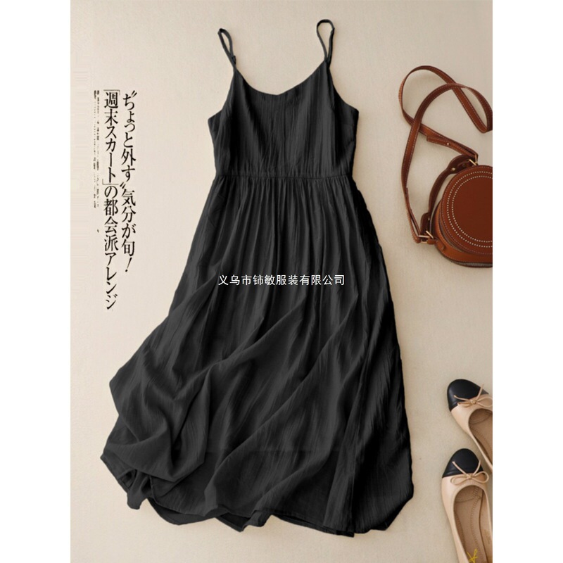 Casual and Stylish Black Spaghetti Strap Dress, Summer Thin Style, Plus Size, Flattering for Slightly Plump Women, Tummy-Concealing Chiffon Long Dress