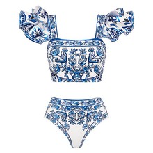 欧美蓝白花卉印花单肩深 V 分体泳衣荷叶边设计海边度假沙滩泳装