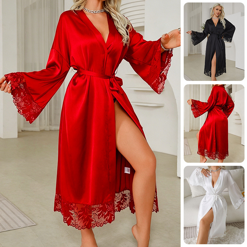 Foreign Trade Style Summer Thin Ice Silk Nightgown for Women, Lace Splicing Long Style with Tie, Skin-Friendly Ladies' Morning Robe Bathrobe 682 Foreign Trade Style Summer Thin Ice Silk Nightgown for Women, Lace Splicing Long Style with Tie, Skin-Friendly Ladies' Morning Robe Bathrobe 682