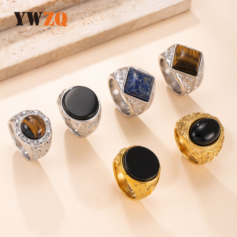 New European and American style stainless steel ring for men, vintage punk style cast natural stone ring, geometric tiger eye stone ring New European and American style stainless steel ring for men, vintage punk style cast natural stone ring, geometric tiger eye stone ring