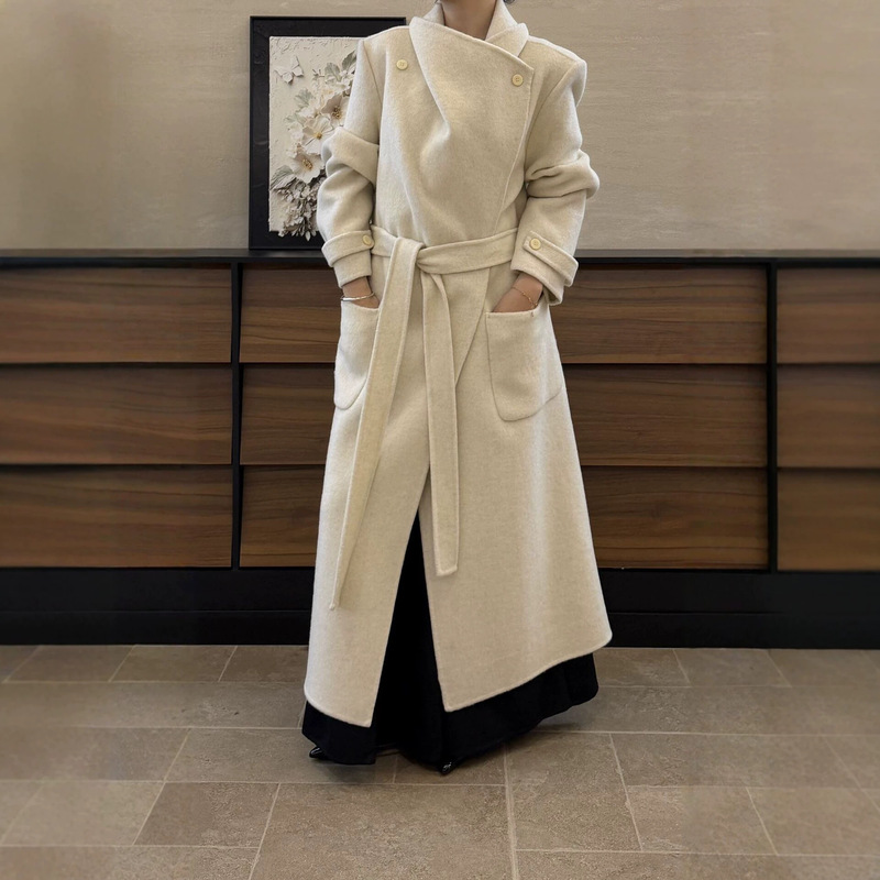 【Jiangwu】Women's Long Wool Coat with Stand Collar, Alpaca Wool, Double-Sided Wool, Loose Fit, with Belt, for Autumn and Winter