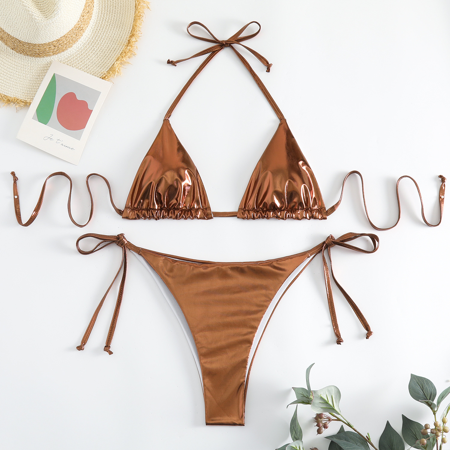 92g Weight Sexy Feel Of Sensation Bikini Panties Style Polyester Fabric Type 2 Pieces Set Quantity Swimming Pool, Beach Occasion Solid Color Pattern Women's Gender Women's Solid Color 2 Pieces Set Bikinis Swimwear 11