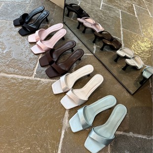 Pink Open-Toe Sandals for Women 2025 New Summer Satin Square Toe Stiletto Silver Slippers