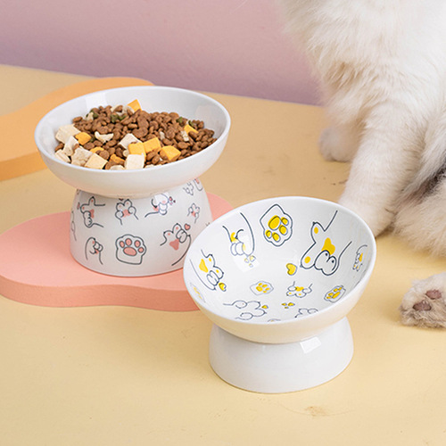 Cartoon cat bowl, ceramic cat food bowl, cervical vertebra oblique mouth pet tall bowl, cat food water basin, dog and cat rice bowl
