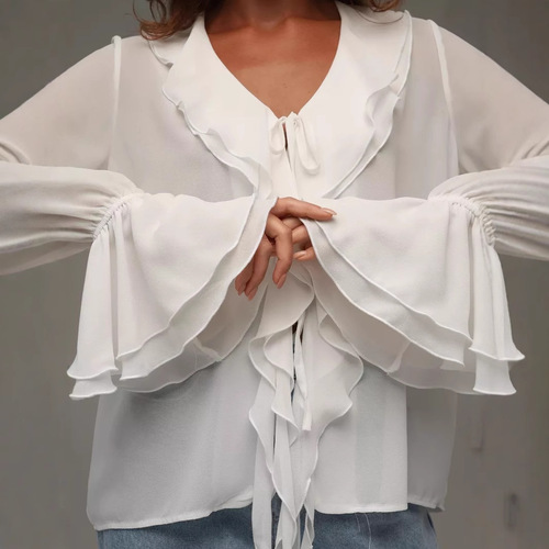 Springtime European and American-style women's fashion: Versatile V-neck long-sleeve ruffle-trimmed lace-up blouse