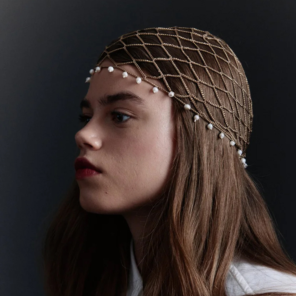 Vintage Metal Mesh Pearl Headpiece with Hanging Small Pearls and Mesh Veil Forehead Ornament, Evening Atmosphere Hair Accessory, Hair Chain