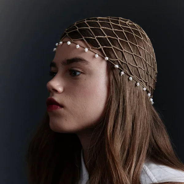Vintage Metal Mesh Pearl Headpiece with Hanging Small Pearls and Mesh Veil Forehead Ornament, Evening Atmosphere Hair Accessory, Hair Chain