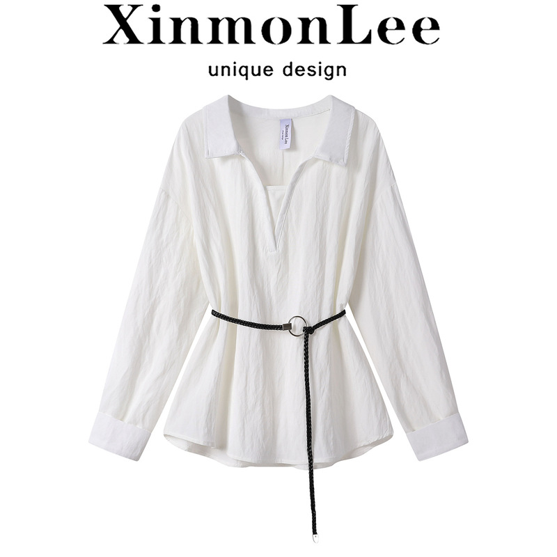 XinmonLee法式白色减龄拼接假两件长袖衬衫2025早秋季显瘦上衣|undefined