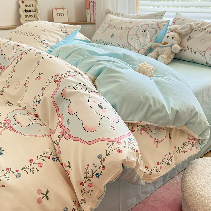 Temporada escolar cama de dibujos animados de cuatro piezas algodón puro algodón 2025 nueva funda edredón sábana dormitorio juego de tres piezas