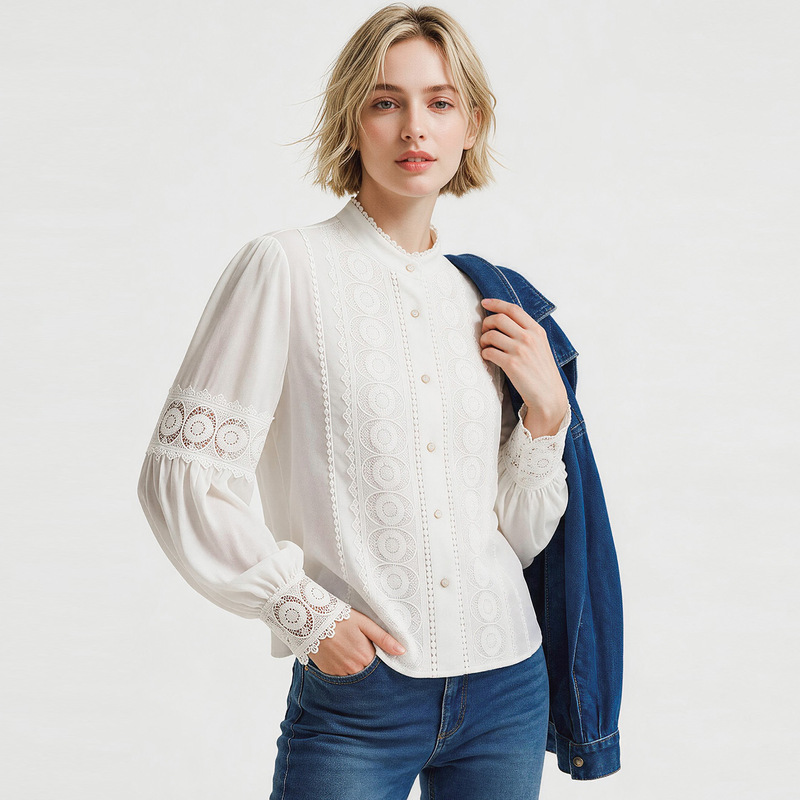 White Lace Embroidered Shirt for Women, 2026 Autumn New Style, Small Stand Collar, Lantern Sleeves, Hollow-Out Patchwork Top, Elegant and Suitable for Work White Lace Embroidered Shirt for Women, 2026 Autumn New Style, Small Stand Collar, Lantern Sleeves, Hollow-Out Patchwork Top, Elegant and Suitable for Work