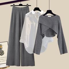 大码女装秋冬套装女2025新款时尚针织毛衣衬衫女显瘦阔腿裤三件套