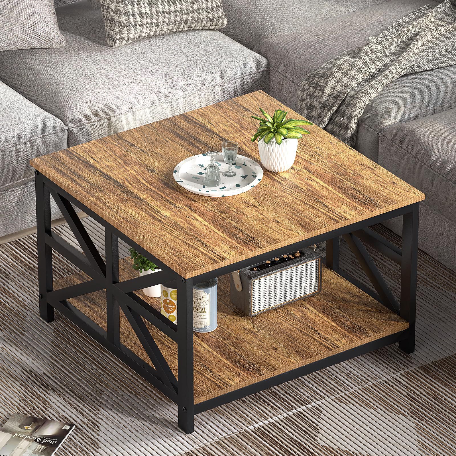 Cross-border living room coffee table, iron-wood combination, modern minimalist style, compact square table with seamless integrated tabletop