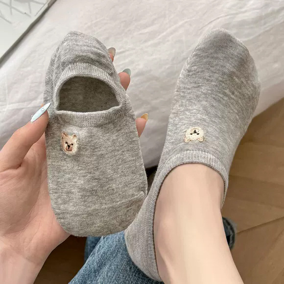 Little Bear Socks Women's Summer Thin Sweat-Absorbent Breathable Shallow Mouth Boat Socks Non-Slip Non-Falling Invisible Short Socks Trendy Ins