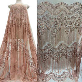 奢华长条流苏珠管绣外贸现货亮片绣花面料婚纱晚礼服布料批发lace