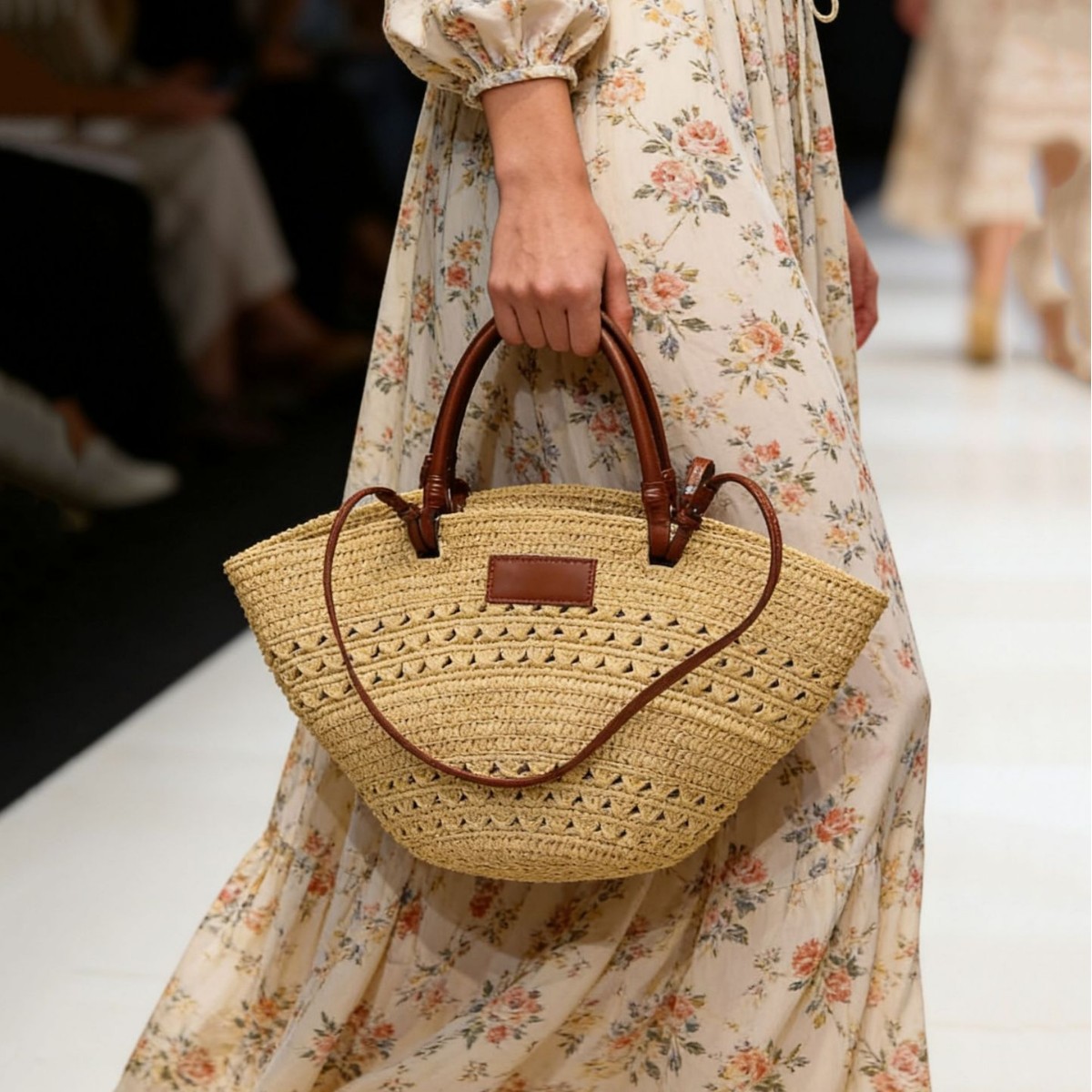 Top Grain Cowhide Leather Spliced Raffia Woven Basket Bag, Large Capacity Women's Vacation Beach Tote Bag - Thumbnail 3