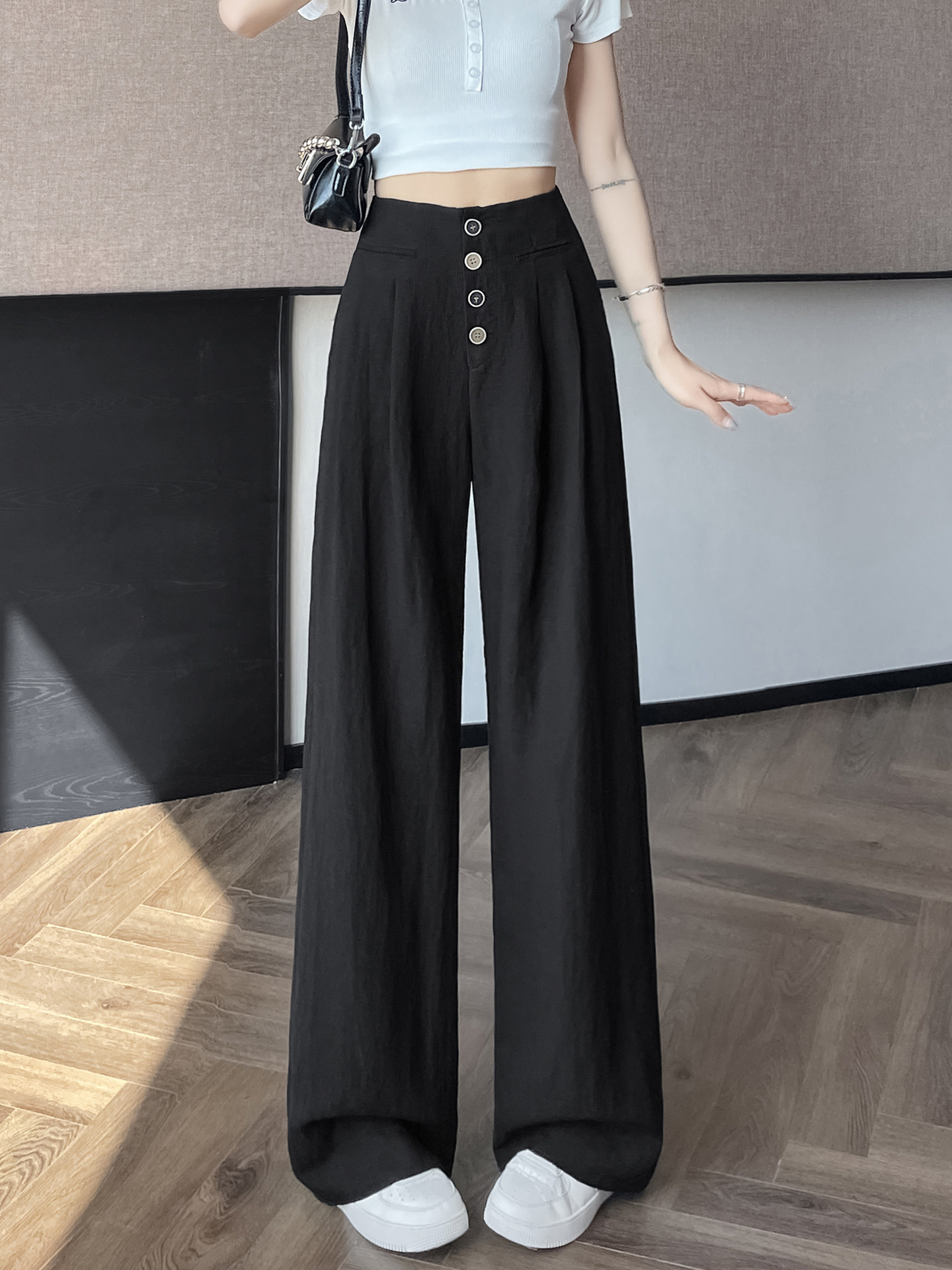 Quần tây nữ ống đứng cạp cao dáng suông vải linen phối khuy — Màu đen thông thường