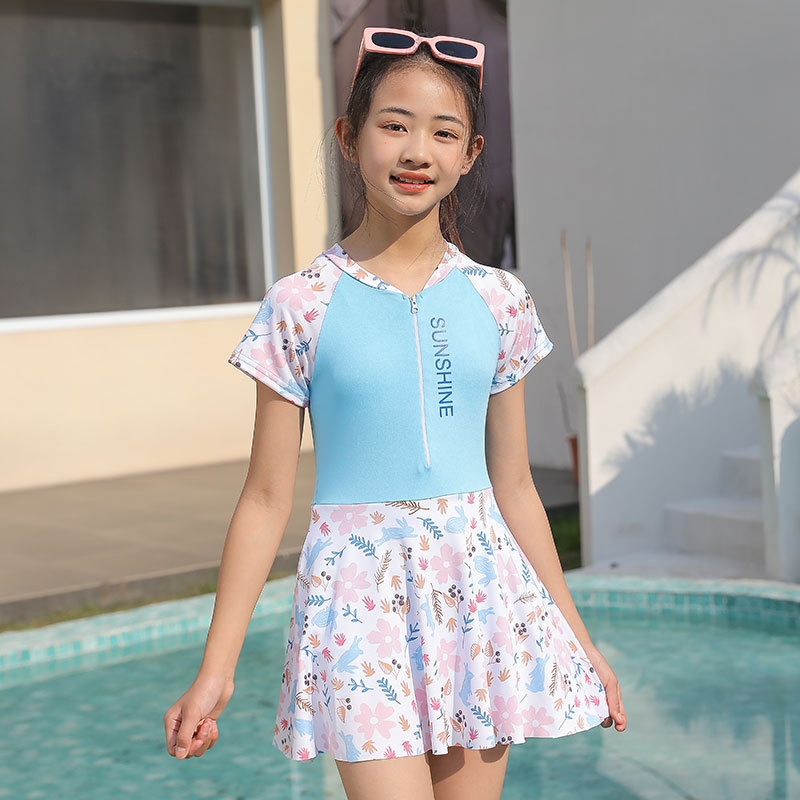 Nuevo traje de baño para niños pantalones cortos de una sola pieza para niñas manga corta cremallera de protección solar traje de baño para niñas medianas y grandes para niñas adolescentes