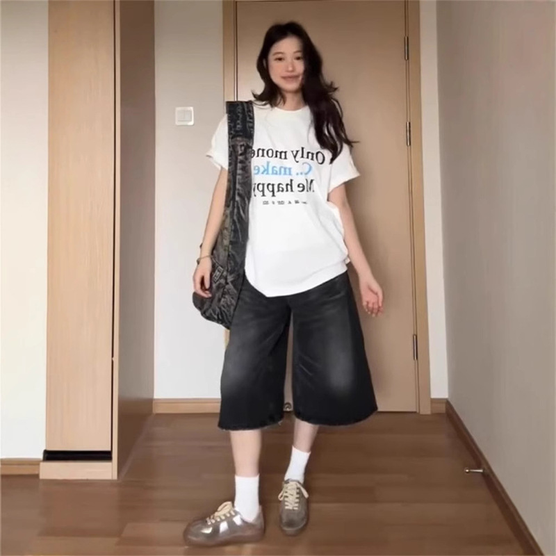 plus size Cropped Denim Shorts Women's Summer Thin Straight Loose High Waist Slimming All-match Mid-length Trendy Cropped Pants