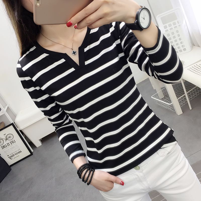 2026 Autumn New Korean Style Slim Fit Striped V-Neck Long Sleeve T-Shirt for Female Students, Base Shirt, Ins Trend