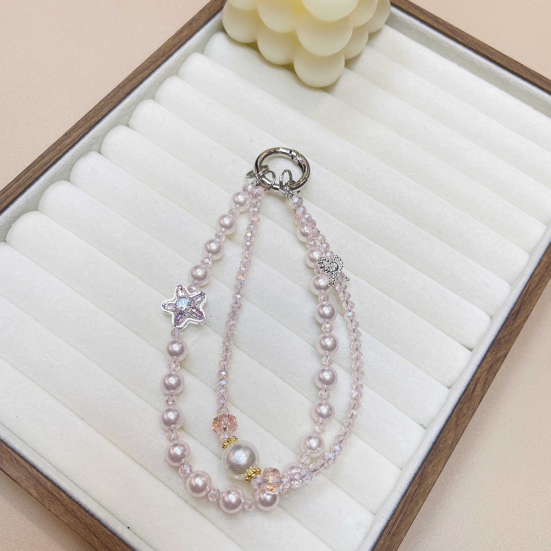 Cordón de teléfono móvil de doble cadena de cristal de moda cordón de muñeca con cuentas de alta gama colgante de estrella llavero de perlas cabello de una pieza