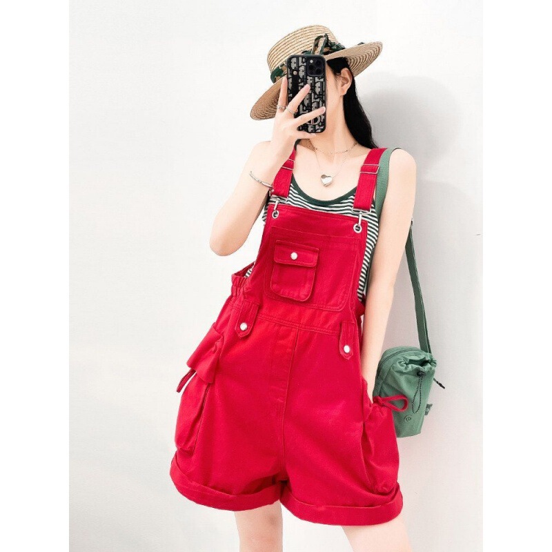 Fashionable Youthful Red Denim Overalls for Women 2026 Summer New Design Trendy Wide-Leg Denim Shorts Fashionable Youthful Red Denim Overalls for Women 2026 Summer New Design Trendy Wide-Leg Denim Shorts
