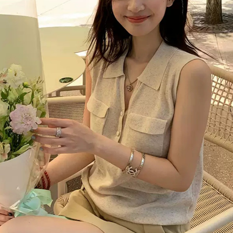Muko Apricot White Linen Cool-Touch V-Neck Sleeveless Knit Top for Women, Thin Style with Turn-Down Collar, Tencel Elegant T-Shirt for Commuting Muko Apricot White Linen Cool-Touch V-Neck Sleeveless Knit Top for Women, Thin Style with Turn-Down Collar, Tencel Elegant T-Shirt for Commuting