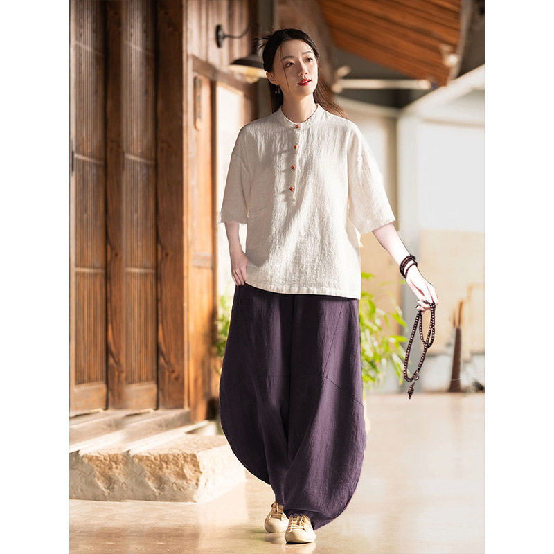 女性用在家服、中国風婦人服、綿麻ボタン付きトップス、禅服、中国風仏教禅無地スーツ|undefined