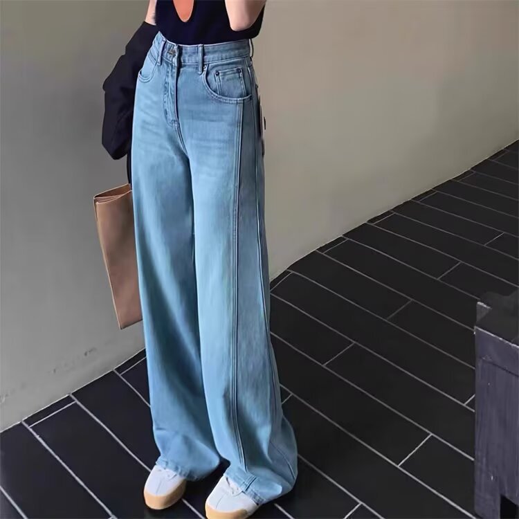100kg Plus Size Vintage Light Blue Jeans for Women, Loose Fit, Slimming, Narrow Straight Wide-Leg Floor-Length Pants