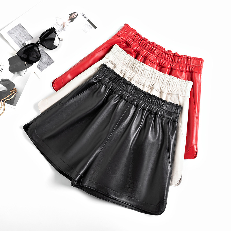 Genuine Leather Shorts for Women 2026 Spring and Autumn New Style Loose Versatile Slimming Wide-Leg Pants Sheepskin Elastic Waist Casual Boot Shorts