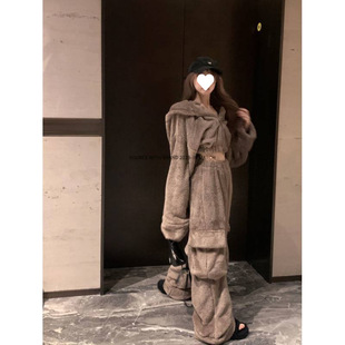Plush Hooded Zipper Blouse Top Fashion suit Winter Wide Leg Casual Pants Lazy Women's Two-Piece Set