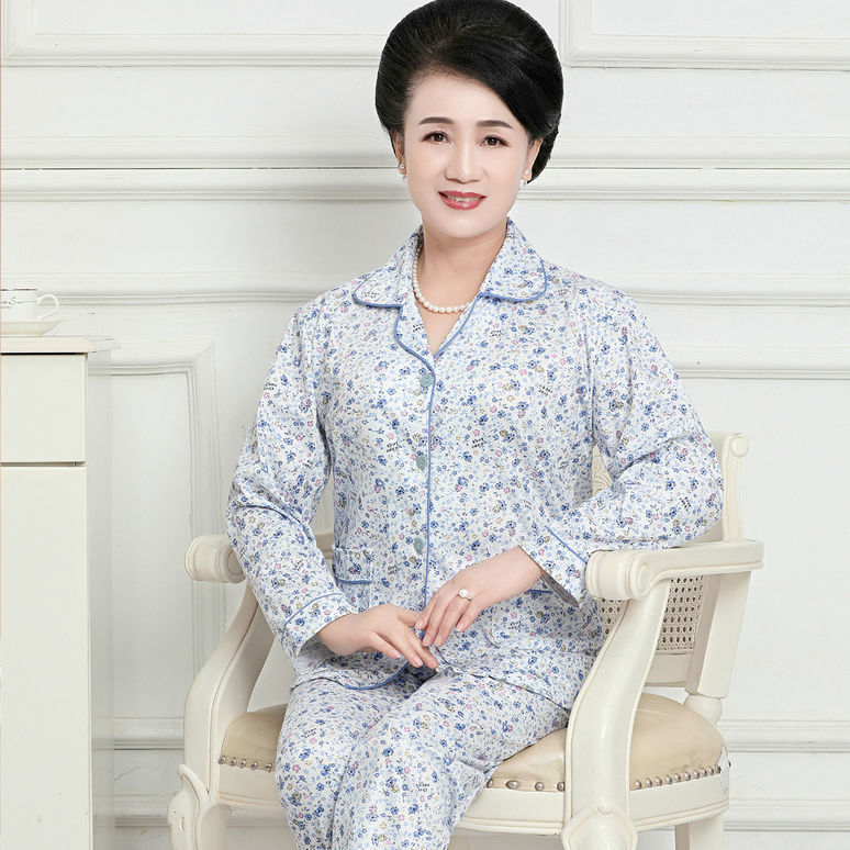[Plus size] mamá de mediana edad y ancianos pijamas de manga larga de las mujeres de edad avanzada primavera y otoño ropa de hogar traje de Cardigan de verano