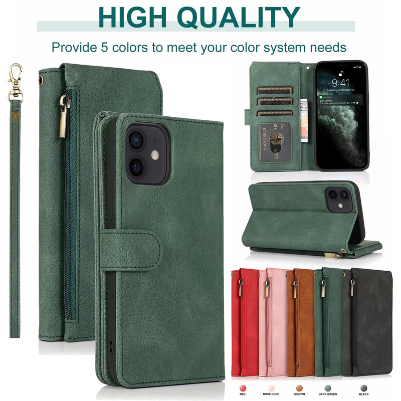 Suitable for iPhone12 skin feeling multi-card zipper mobile phone leather case Apple 11PRO card flip mobile phone protective case