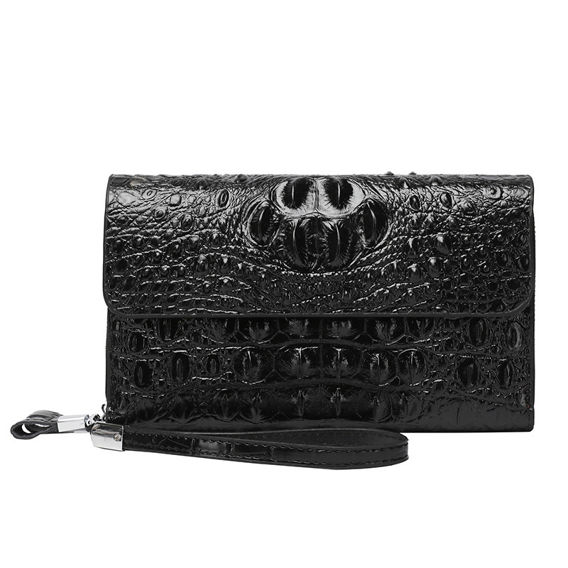 Borsa da uomo di alta gamma con stampa coccodrillo, elegante pochette da lavoro con doppia cerniera e portafoglio multifunzionale, nera e marrone._voghion.com