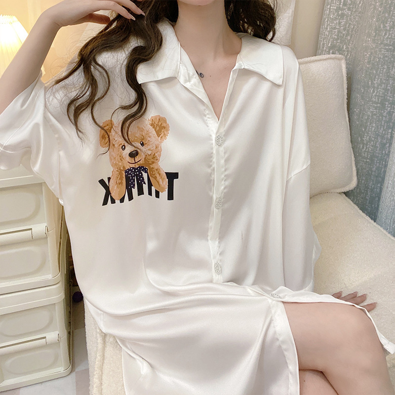 New summer nightdress women's short-sleeved ice silk outerwear shirt dress loose plus size thin sexy homewear nightdress