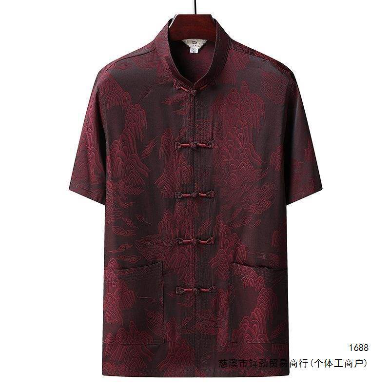 夏季唐装男冰丝短袖上衣中老年人中式爸爸半袖夏装衬衣生日爷爷装