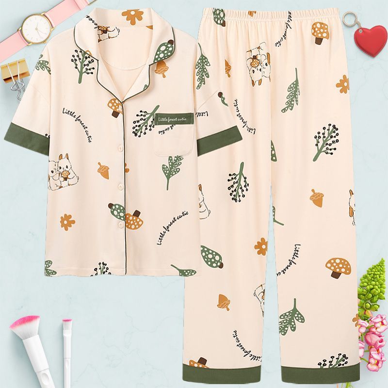 Pantalones de manga corta 100% pijama de algodón de verano de las mujeres jóvenes y de mediana edad cardigan ropa exterior de las mujeres ropa de verano delgada homewear
