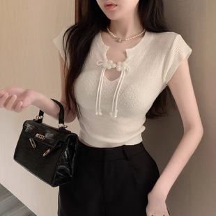 Cheongsam Short-Sleeved Knitwear for Women, New Chinese Style Retro Buckle Summer Pure Desire Sweet Hot Girl Short Top Design Niche