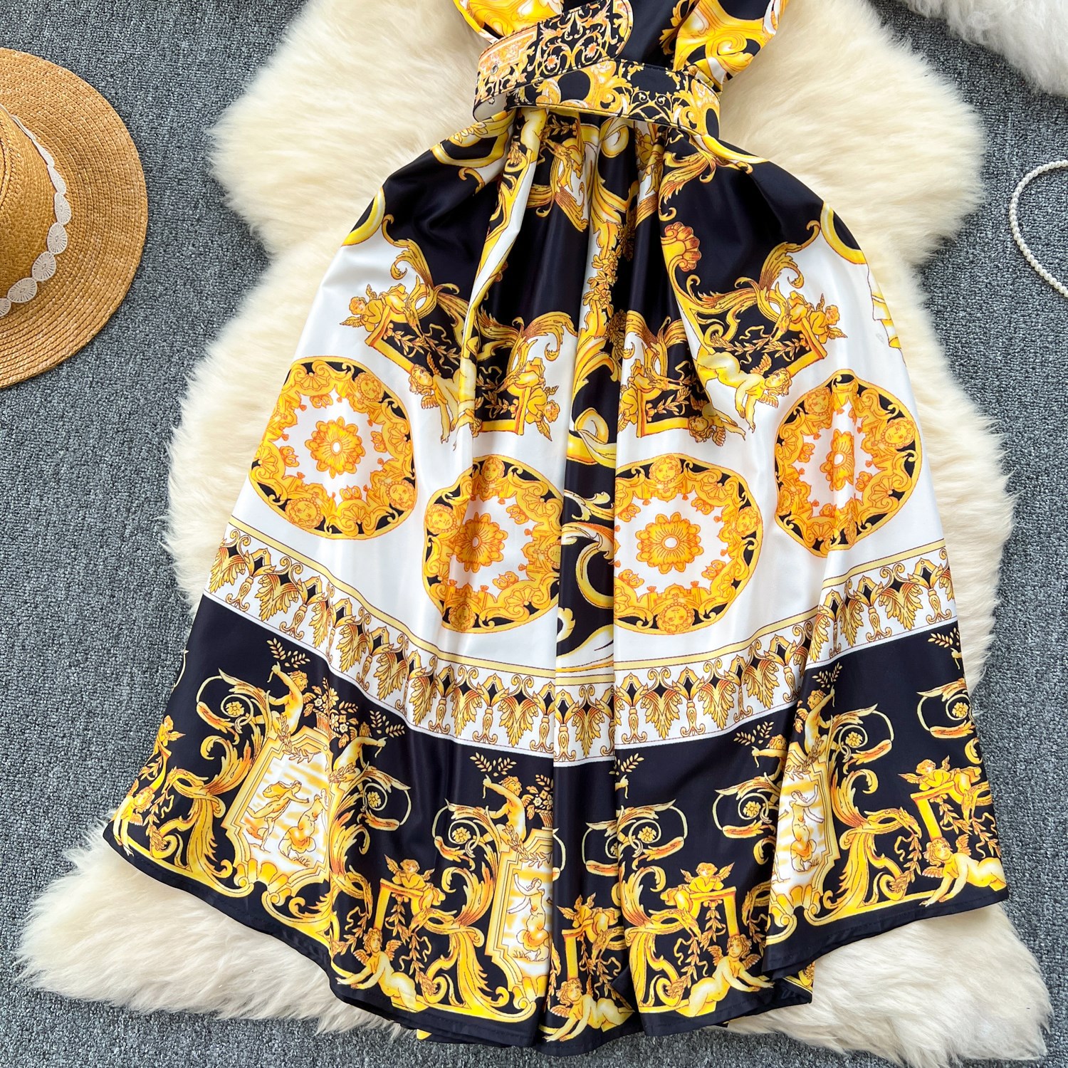 Vintage Baroque Print Sleeveless Dress – High Waist A-Line Dress With 3D Floral Embroidery (5 Sizes, Breathable Stretch Fabric)_ecoleips.com